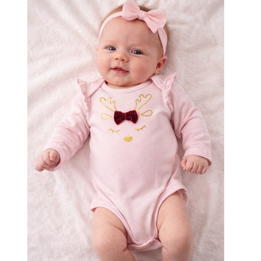 First Impressions Reindeer Bodysuit Girls 0/3M Pink Gold Velvet Bow Christmas